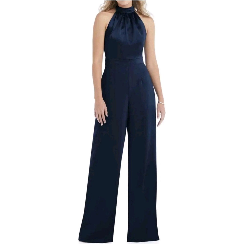 After Six Midnight Navy Satin Halter Wide Leg Jumpsuit Size 14R Formal